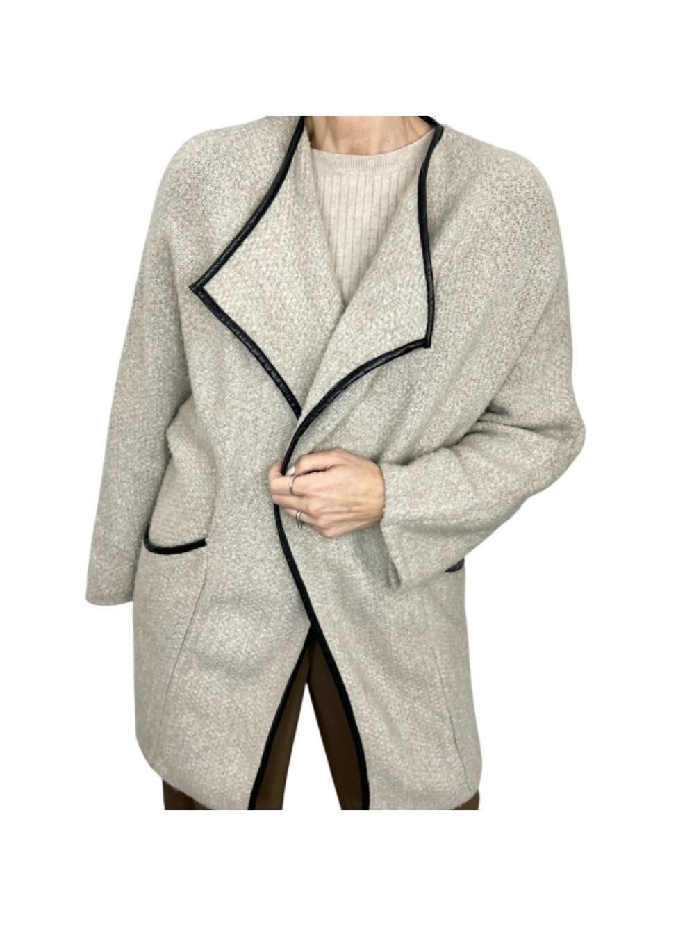 Zara beige wool blend leather trim oversized open front knit cardigan coat S
